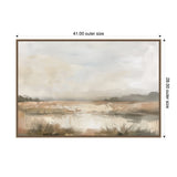 Neutral-toned abstract landscape painting with soft beige, brown, and gray hues, featuring a misty horizon and textured brushstrokes within a simple frame.