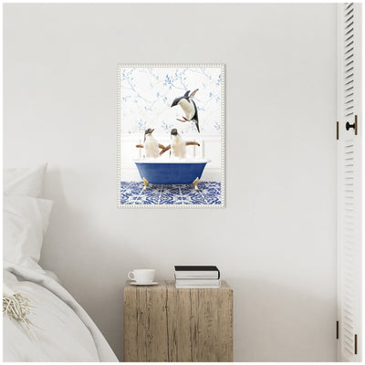 Sylvie Penguins in Eclectic Blue Bath Framed Canvas by Amy Peterson