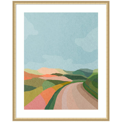 Framed abstract landscape art with rolling pastel hills and winding road by July Art Prints