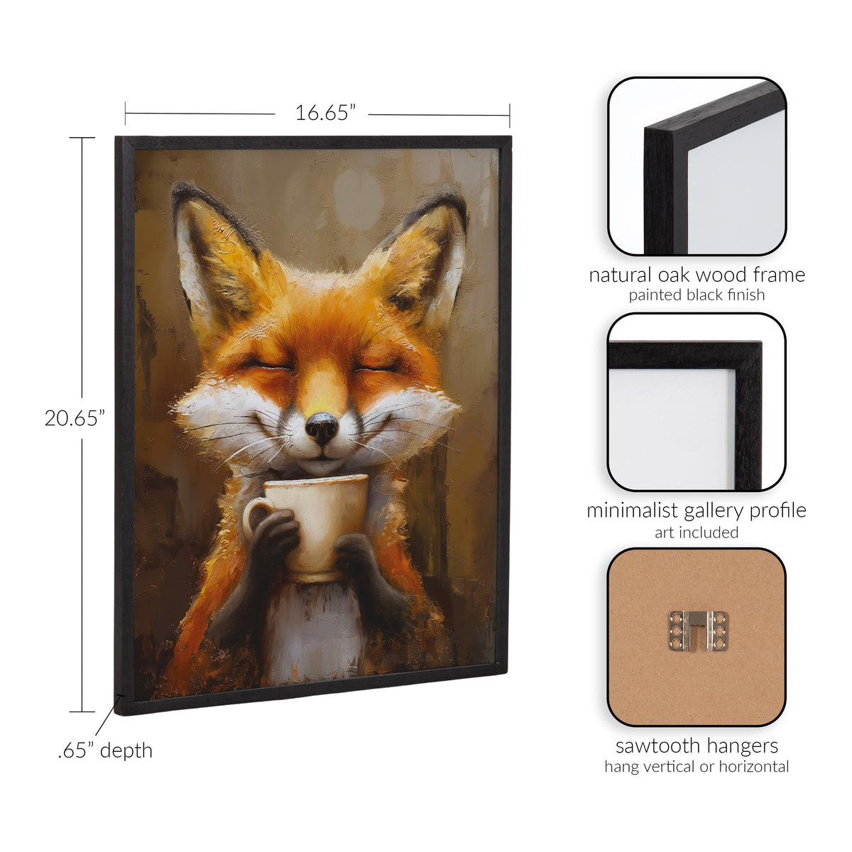 Illustration of a smiling fox with closed eyes holding a steaming coffee cup, framed in a black-finished natural oak wood frame with minimalist gallery profile.