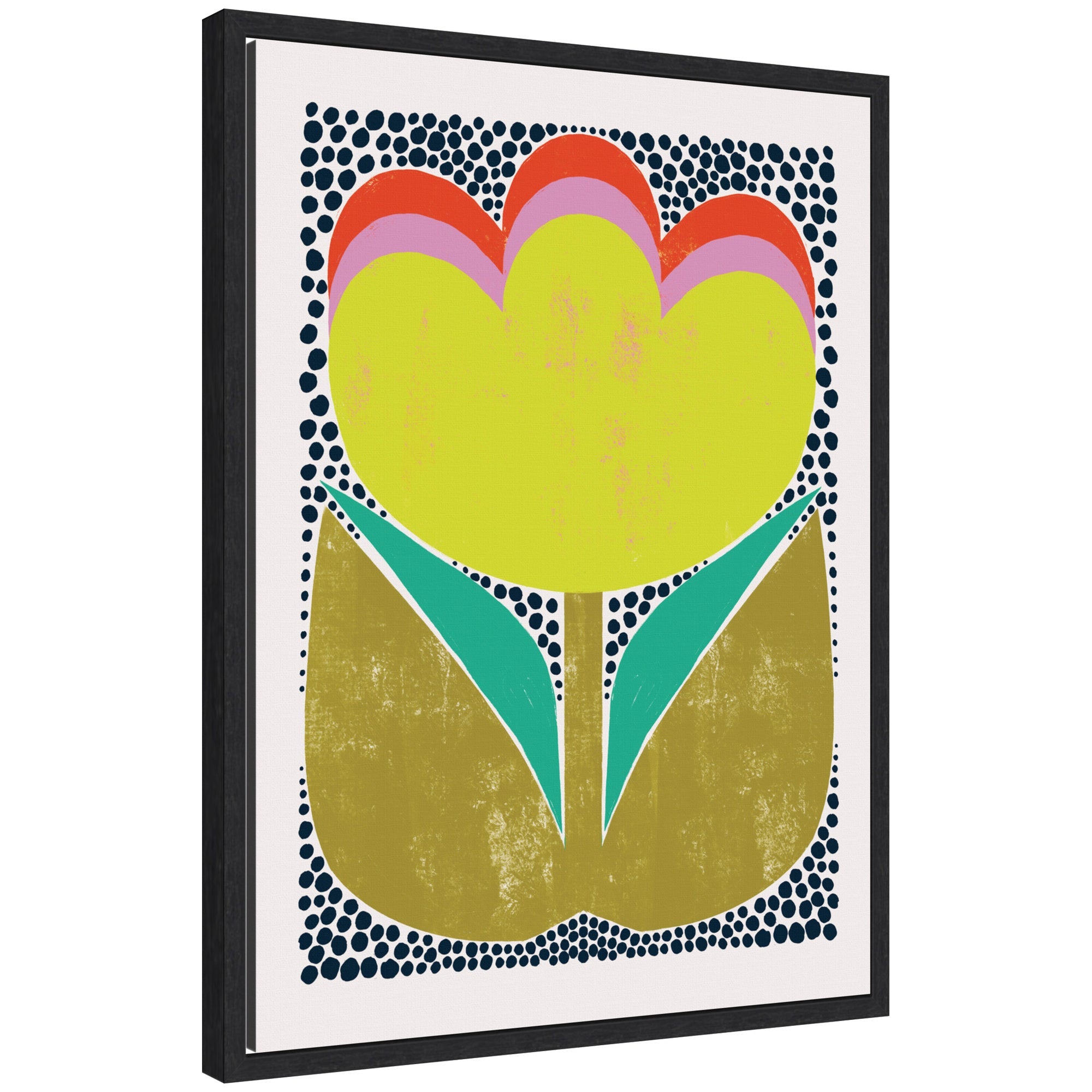 Framed canvas wall art print titled 'Triple Bloom' by Hannah Beisang showing layered floral design in black frame