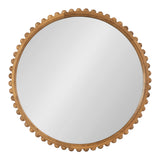 Round wall mirror with a smooth reflective surface surrounded by a natural wood frame featuring evenly spaced round wooden knobs along its edge.