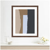 Framed abstract art print featuring vertical torn paper strips in beige, brown, light blue, and dark charcoal gray arranged side by side on white background.