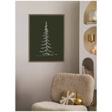 Minimalist white line drawing of a tall, slender evergreen tree on a dark green background, in a simple wooden frame above a textured beige chair with gold and white holiday decor nearby.