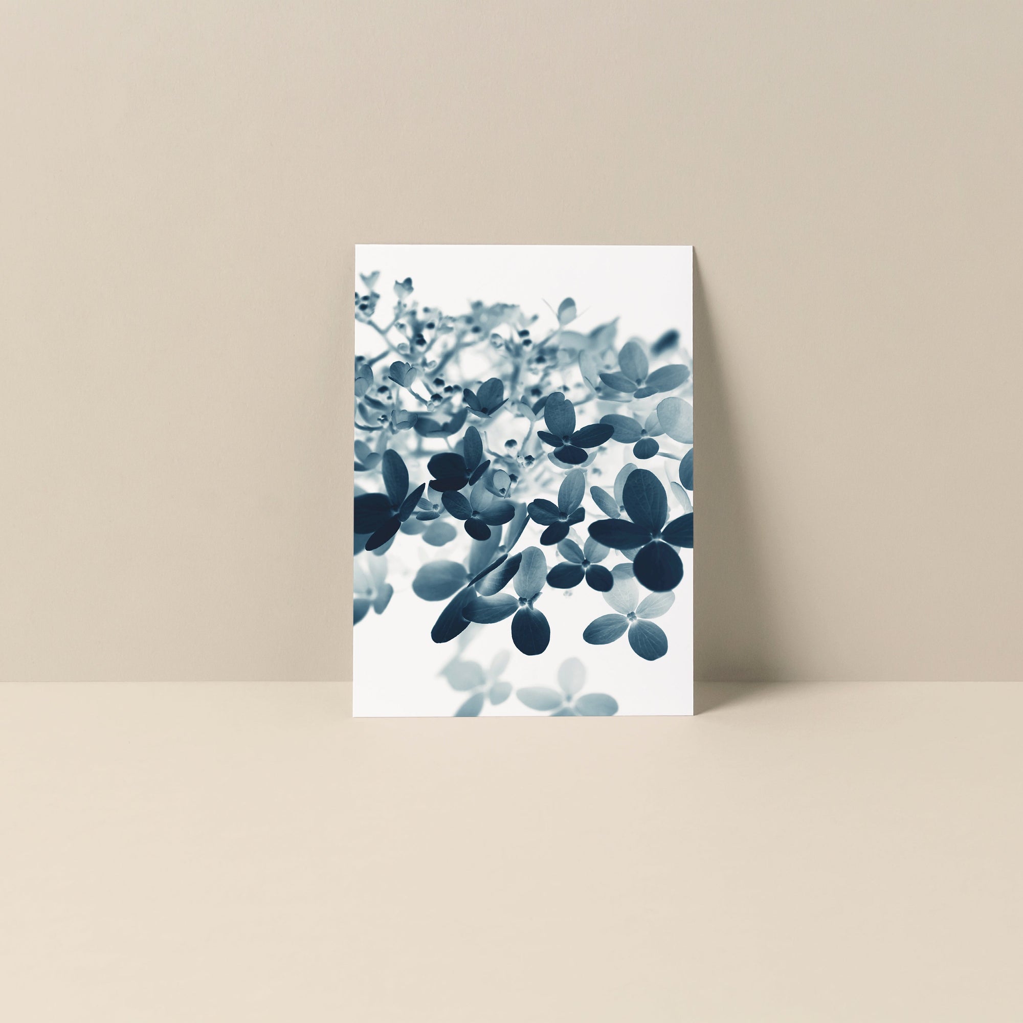 Cyan Hydrangea #1 blank notecard showing blue hydrangea flowers on smooth matte card stock