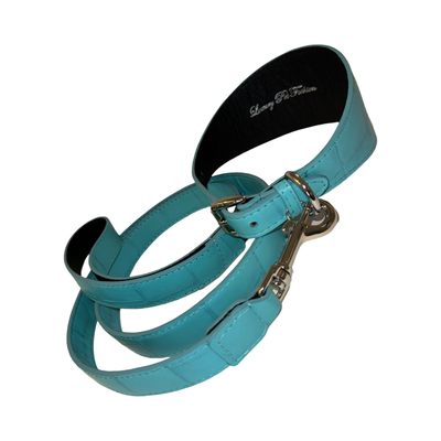 The Tiffany Collection Turquoise Blue Embossed Croc Italian Leather 3” Wide Collar with Silver Hardware