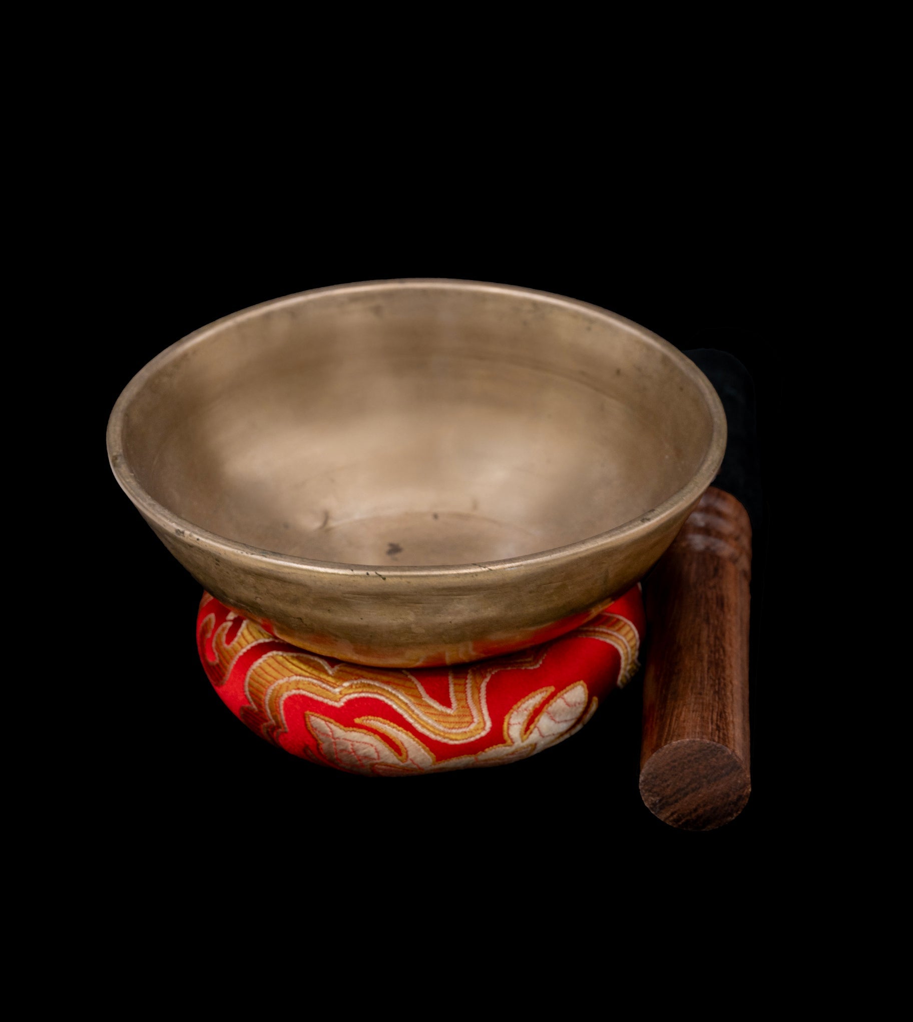 Antique Manipuri Singing Bowl with Sanskrit inscription and leather-padded mallet on silk cushion