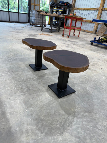 Walnut Cookie Side Tables with thick steel bases, handcrafted by Sasquatch Tables LLC