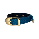 Dark turquoise dog collar with snake scale texture featuring a gold buckle and matching gold rivets, displayed on a white background.