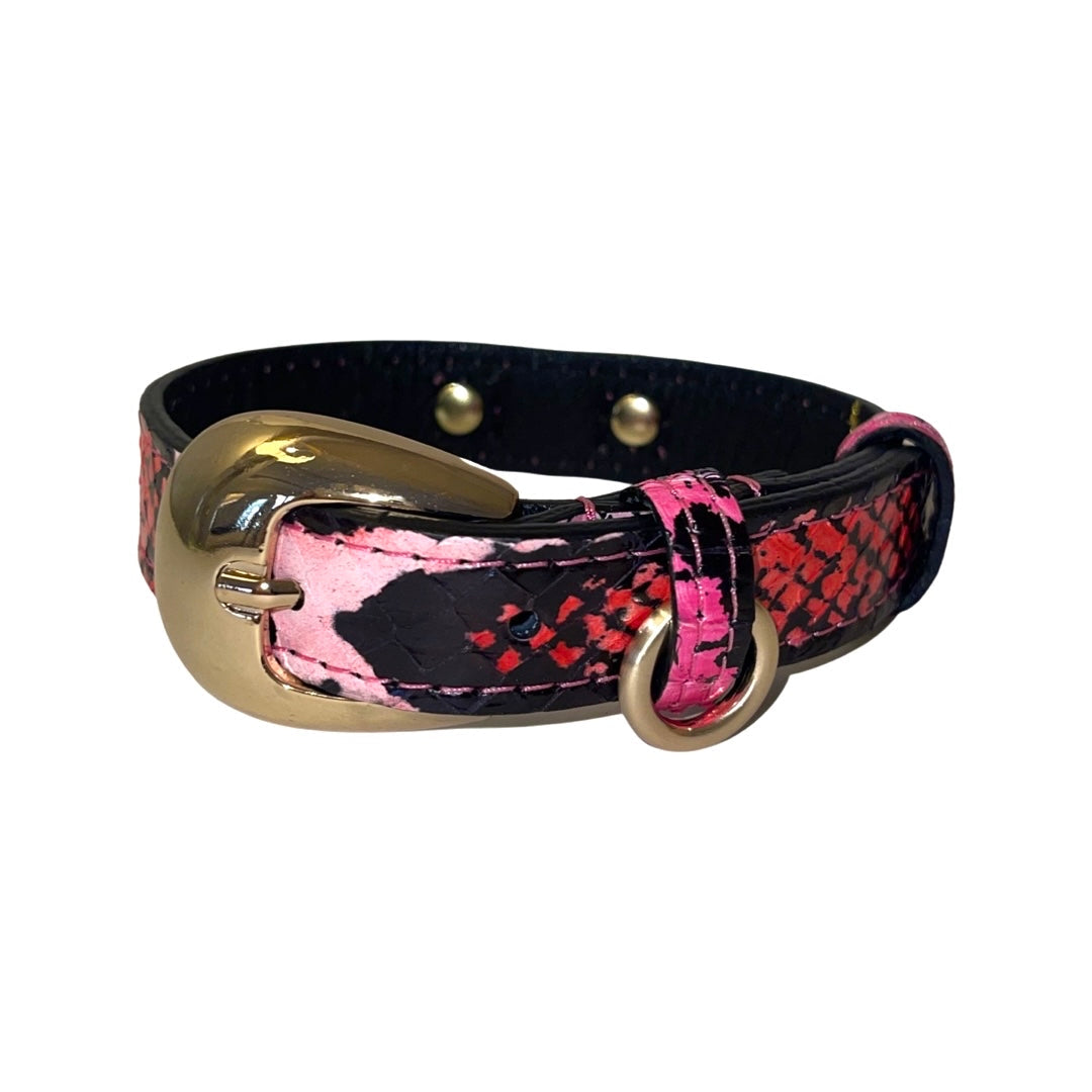 Dog collar in fuchsia, light pink, red & black snake pattern with gold custom Italian hardware.