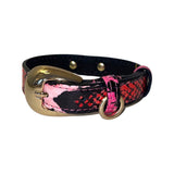 Dog collar in fuchsia, light pink, red & black snake pattern with gold custom Italian hardware.