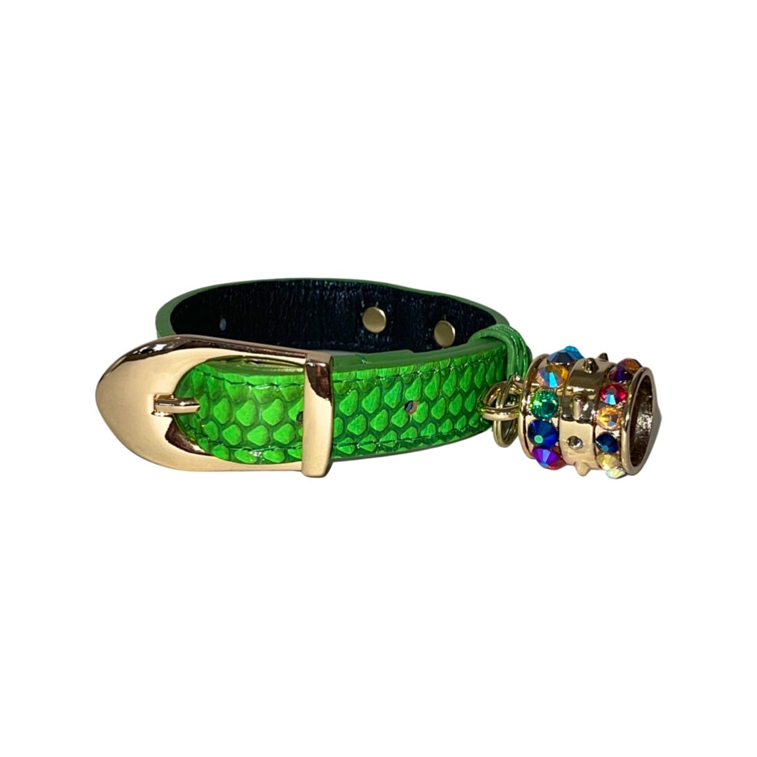 Neon green dog collar with snake pattern, gold Italian hardware, and Swarovski crystal charm