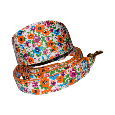 Poppy & Pansy Italian Leather Wide Style Collar & Leash Set with floral pattern
