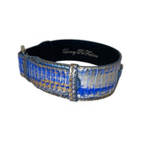 Blue, silver, and gold textured snake-pattern collar with silver hardware and black inner lining, shown at a slight angle on a plain white background.