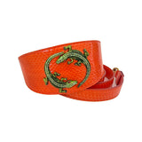 Bright orange snake-patterned 3-inch wide collar and leash set featuring two green rhinestone alligator embellishments on the collar.