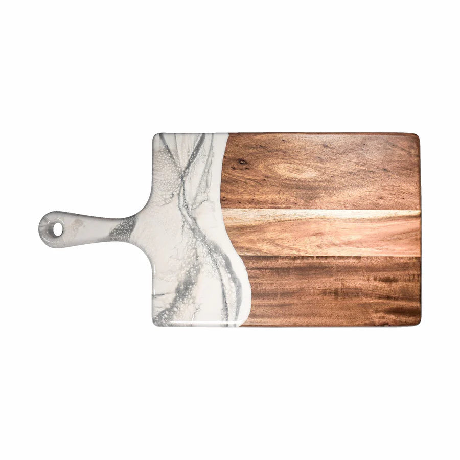 Wooden resin charcuterie board with marble handle on a white background