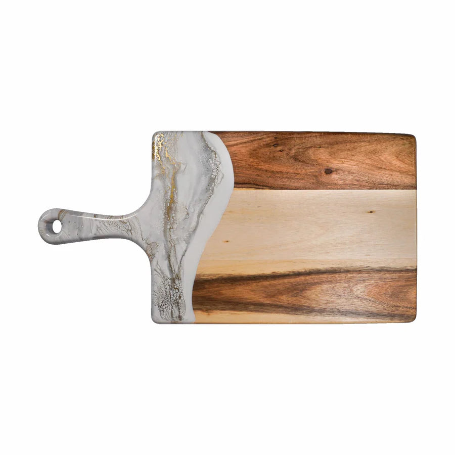Wooden resin charcuterie board with a metal handle on a white background