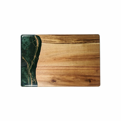 acacia resin serving bread board with green and gold resin design on a white background