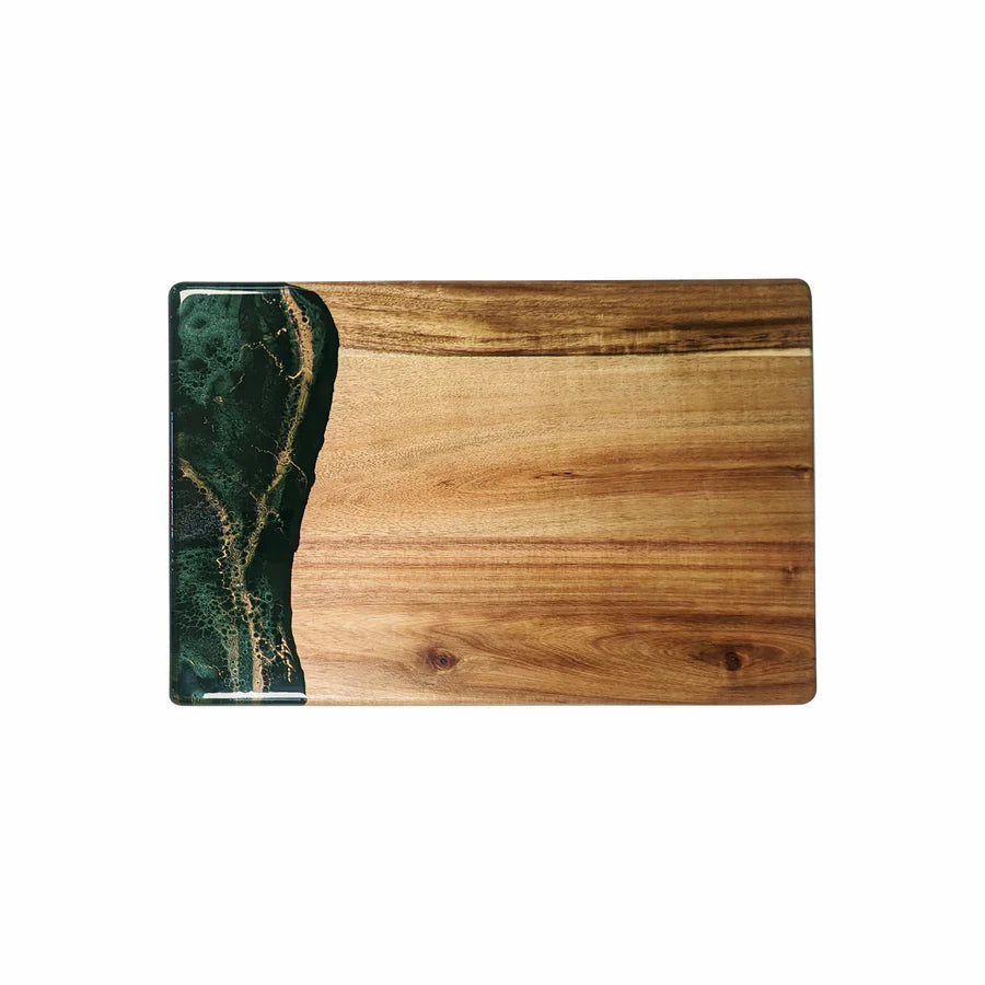 acacia resin serving bread board with green and gold resin design on a white background