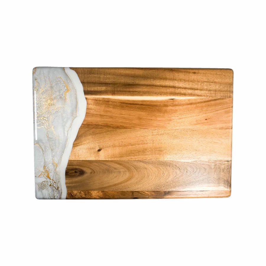 acacia resin serving bread board with marble-like edge on a white background