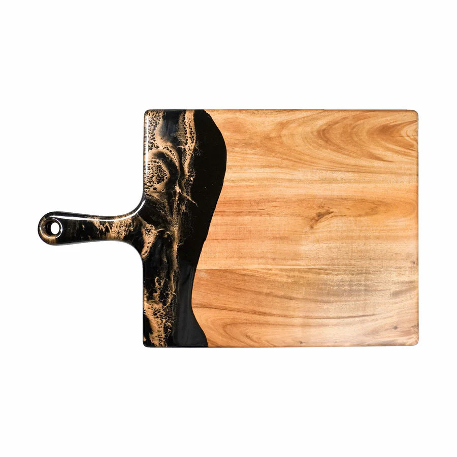 Wooden charcuterie serving tray with black handle on a white background