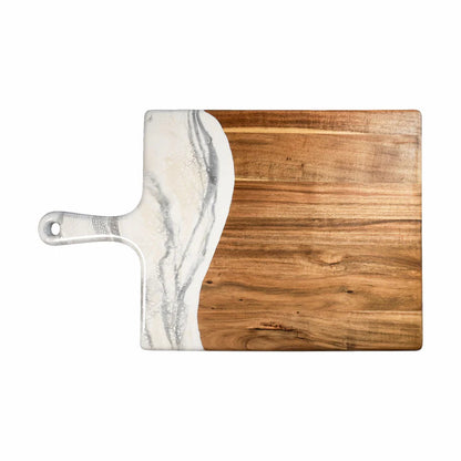 Wooden charcuterie serving tray with marble handle on a white background