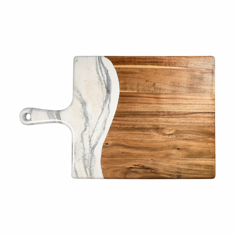 Wooden charcuterie serving tray with marble handle on a white background