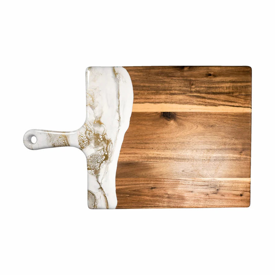 Wooden charcuterie serving tray with a marble handle on a white background