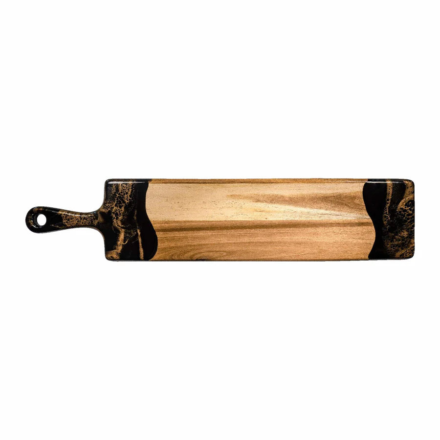 Wooden baguette resin serving tray with black handles on a white background