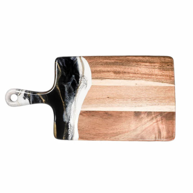 Wooden resin charcuterie board with marble handle on a white background