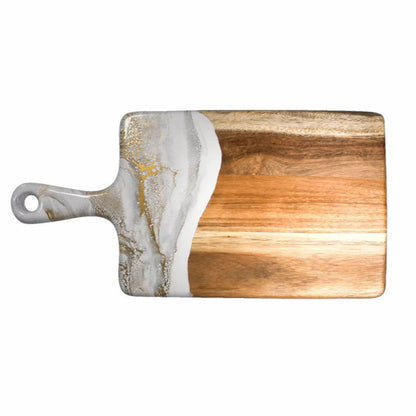Wooden resin charcuterie board with a marble-like handle on a white background