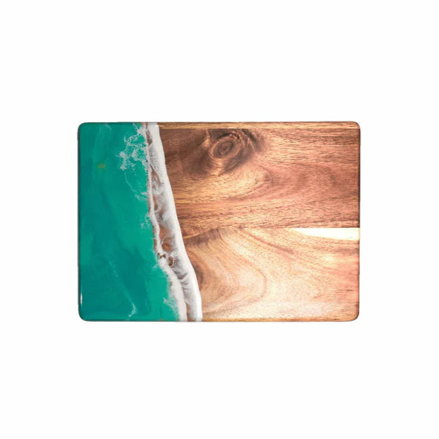 Wooden resin charcuterie board with teal resin design on a white background
