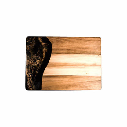 Wooden resin charcuterie board with black abstract design on a white background
