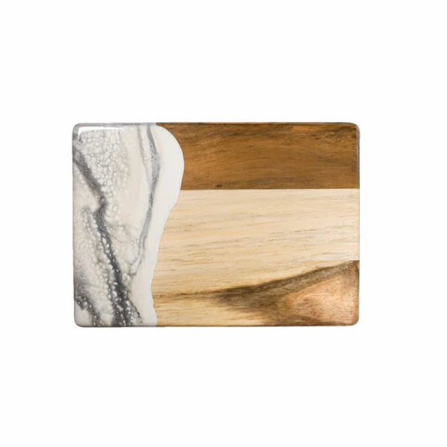 Wooden resin charcuterie board with marble-like design on a white background