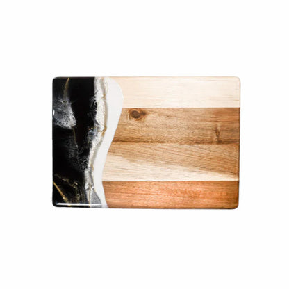 Square resin charcuterie board with black, white, and wood pattern on a white background