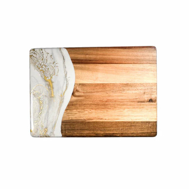 Wooden resin charcuterie board with marbleized edge on a white background