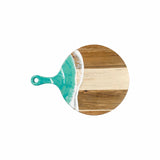 Round acacia wood charcuterie board with colorful resin handle by Lynn & Liana Designs