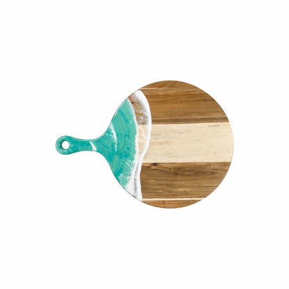 Round wooden Cheese Paddle Acacia Serving Charcuterie Board with a turquoise and white handle on a white background