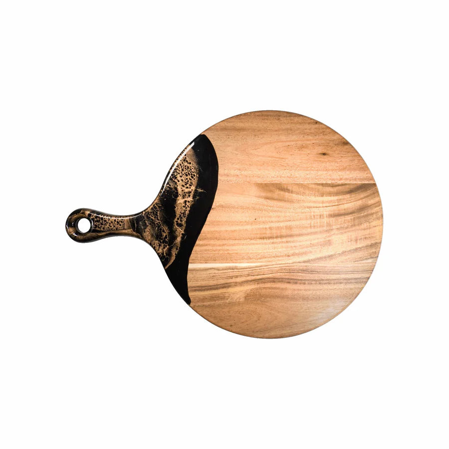 Wooden Cheese Paddle Acacia Serving Charcuterie Board with a black handle on a white background