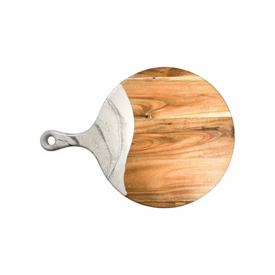 Round acacia wood charcuterie board with colorful resin handle by Lynn & Liana Designs