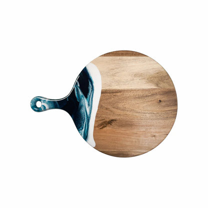 Round wooden Cheese Paddle Acacia Serving Charcuterie Board with a marble handle on a white background