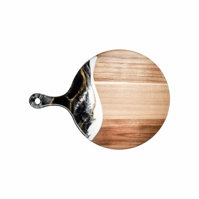 Round acacia wood charcuterie board with colorful resin handle by Lynn & Liana Designs