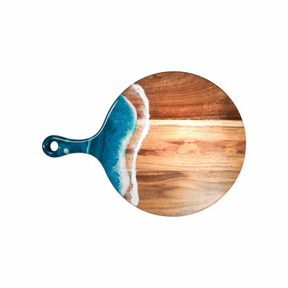 Round Cheese Paddle Acacia Serving Charcuterie Board with a blue and white handle on a white background