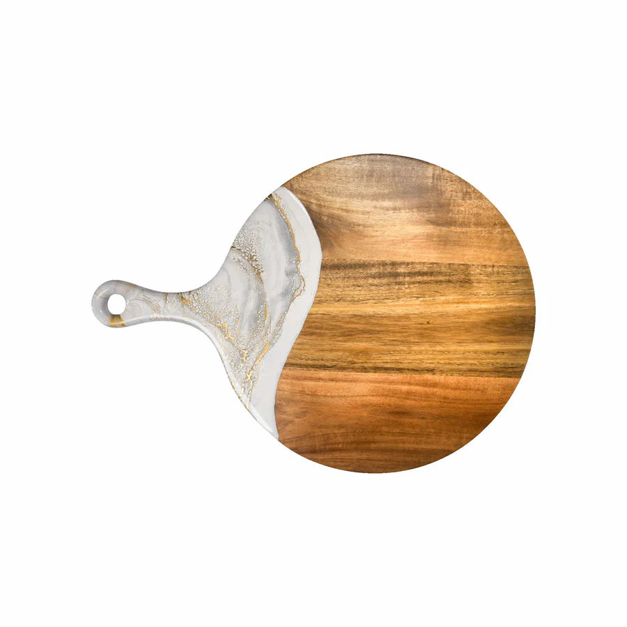 Round wooden Cheese Paddle Acacia Serving Charcuterie Board with a marble handle on a white background
