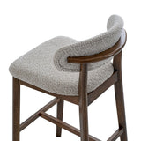 Mid-century modern bar stool with curved walnut frame and textured light gray upholstered seat and backrest, viewed from a high rear angle.