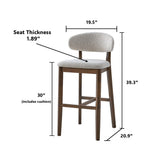 Mid-century modern bar stool with textured off-white upholstered seat and backrest, solid warm wood frame, and angled legs with footrest, annotated with dimensions