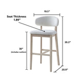 Mid-century modern bar stool with light wood frame and textured white upholstered curved backrest and cushion seat, with dimensions and seat thickness labeled.
