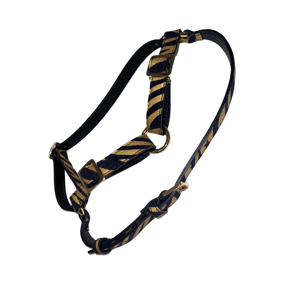 Black & gold zebra print Italian leather dog harness displayed on a white background