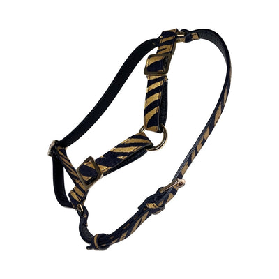 Black & gold zebra print Italian leather dog harness displayed on a white background