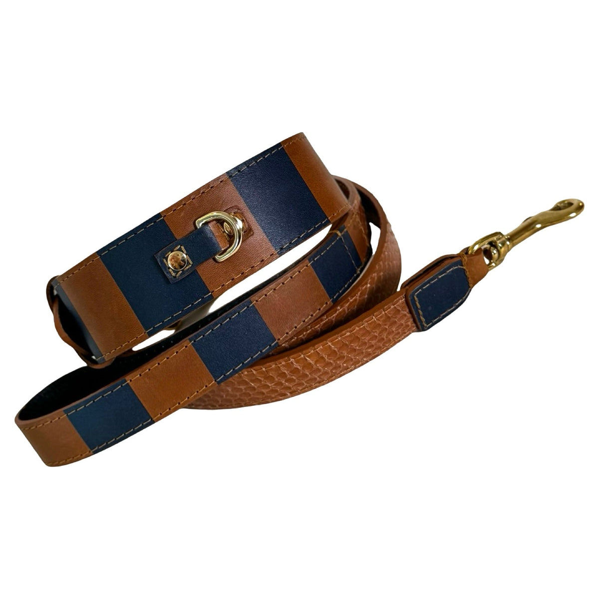 Brown and navy striped leather dog collar and leash set featuring gold-tone hardware and detailed stitching, shown coiled on a white background.